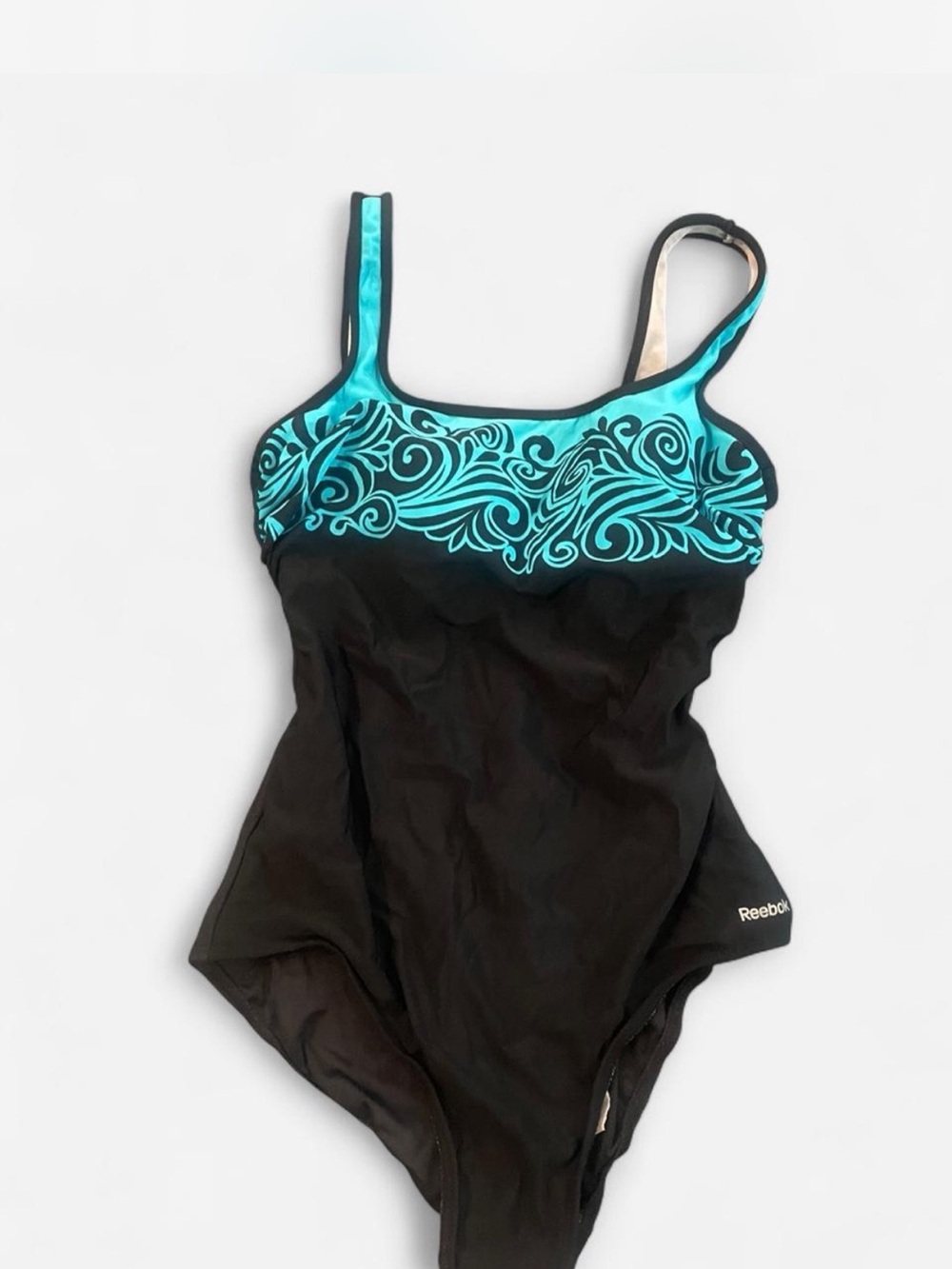 Reebok Women's Black One-Piece Swimsuit with Teal Swirl Accent